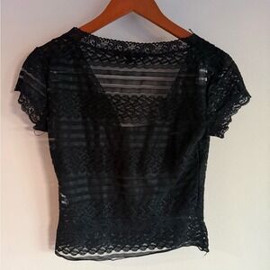 Rampage Black Sheer Lace Mesh V-Neck Short Sleeve Top Sz S Vintage Y2K Goth